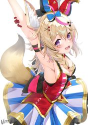 Rule 34 | 1girl, absurdres, animal ear fluff, animal ears, arm strap, armpits, arms up, artist name, bare shoulders, black hair, black sleeves, blonde hair, blue bow, blush, bow, braid, breasts, commentary request, detached sleeves, dress, facial mark, fox ears, fox girl, fox tail, gloves, hair between eyes, hair bow, hair ornament, hat, heart, heart in eye, highres, hololive, izumi kei, jester cap, long hair, looking at viewer, medium breasts, multicolored clothes, multicolored dress, multicolored hair, omaru polka, omaru polka (1st costume), open mouth, purple eyes, purple hair, red gloves, revision, simple background, single braid, smile, solo, streaked hair, striped, symbol in eye, tail, tilted headwear, vertical stripes, virtual youtuber, white background, x hair ornament