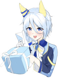 Rule 34 | 1girl, animal ears, banpunsik, blue eyes, blue hair, blue jacket, blush, bow, bowtie, box, cropped torso, ear covers, envelope, gift, gift box, gloves, hair between eyes, half gloves, highres, holding, holding envelope, holding gift, horse ears, jacket, k.s.miracle (umamusume), long hair, looking at viewer, open mouth, simple background, smile, solo, umamusume, upper body, white background, white gloves