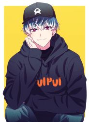 Rule 34 | 1boy, commentary request, earrings, hat, hood, hoodie, idolish7, jewelry, momo (idolish7), multicolored hair, purple hair, sana423, simple background, smile, two-tone hair, yellow background