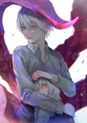 Rule 34 | 1boy, 1girl, :d, child, collared shirt, commentary request, dress shirt, father and daughter, grey background, hair between eyes, hand on another&#039;s head, highres, kagune (tokyo ghoul), kaneki ichika, kaneki ken, kyuuba melo, long sleeves, looking at viewer, looking back, open mouth, parted lips, red eyes, shirt, short hair, simple background, smile, teeth, tokyo ghoul, tokyo ghoul:re, upper teeth only