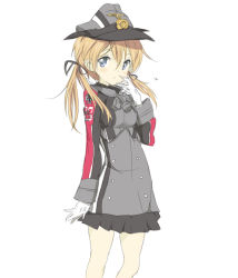 Rule 34 | 10s, 1girl, blonde hair, blue eyes, blush, core (mayomayo), gloves, hair ornament, hair ribbon, hat, kantai collection, long hair, looking at viewer, military, military uniform, peaked cap, prinz eugen (kancolle), ribbon, simple background, skirt, solo, twintails, uniform, white gloves