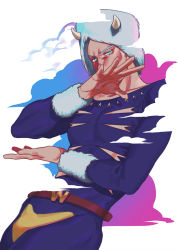 Rule 34 | 1boy, aqua eyes, cloud, covering own mouth, hand over own mouth, highres, horns, jojo no kimyou na bouken, male focus, nashi y, solo, weather report, white hair