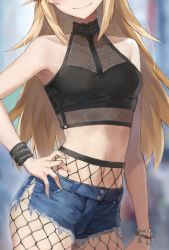 Rule 34 | 1girl, bad id, bad twitter id, bare shoulders, blonde hair, blush, breasts, fate/apocrypha, fate (series), hand on own hip, head out of frame, high-waist pantyhose, highres, long hair, mordred (fate), mordred (fate/apocrypha), navel, pantyhose, short shorts, shorts, small breasts, smile, solo, thighs, tonee