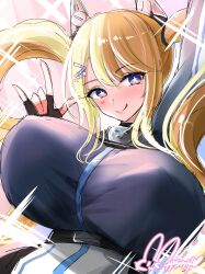 Rule 34 | 1girl, absurdres, artist name, azur lane, black gloves, blonde hair, blue eyes, bouncing breasts, breasts, fingerless gloves, gigantic breasts, gloves, guam (azur lane), hand up, highres, hisin, huge breasts, long hair, looking at viewer, signature, smile, solo, star-shaped pupils, star (symbol), symbol-shaped pupils, twintails, very long hair