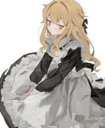 Rule 34 | 1girl, absurdres, apron, black bow, black dress, blonde hair, blush, bow, brown eyes, closed mouth, dress, frilled apron, frills, hair bow, hands on lap, haru (ririne9999rine), highres, kirisame marisa, long hair, long sleeves, looking at viewer, revision, simple background, sitting, solo, touhou, white apron, white background