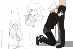 2boys chain collar fellatio kneeling komaeda_nagito legs_apart multiple_boys oral penis penis_grab rengy_(rerengy) tongue tongue_out yaoi