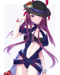 Rule 34 | 1girl, bare shoulders, black hat, blue one-piece swimsuit, breasts, casual one-piece swimsuit, cleavage, clothing cutout, dress, dress swimsuit, expressionless, female focus, fire emblem, fire emblem engage, fire emblem heroes, flower, gluteal fold, hat, highres, ivy (fire emblem), ivy (summer) (fire emblem), large breasts, long hair, looking at viewer, matching hair/eyes, mole, mole on cheek, mole under mouth, navel, nintendo, official alternate costume, one-piece swimsuit, purple eyes, purple hair, shinae, solo, stomach, stomach cutout, swimsuit