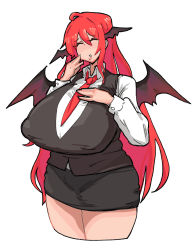 Rule 34 | 1girl, ^ ^, ahoge, bat wings, black skirt, black vest, blush, breasts, closed eyes, covered erect nipples, cowboy shot, cropped legs, hand on own chest, hands up, head wings, highres, huge breasts, koakuma, leebo (leeboxxx), long hair, long sleeves, necktie, nose blush, parted lips, red hair, red necktie, simple background, skirt, smile, solo, thighs, touhou, very long hair, vest, white background, wing collar, wings