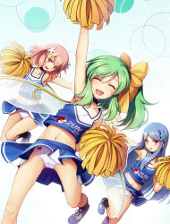 Rule 34 | 3girls, :d, :o, ^ ^, arm up, armpits, bare arms, bare shoulders, blue eyes, blue footwear, blue hair, blue skirt, bow, bow panties, cheerleader, chima q, closed eyes, clothes writing, collarbone, commentary, daiyousei, daiyousei mob (touhou), extra, closed eyes, facing viewer, fairy, fairy wings, green hair, hair bow, hair ornament, heart, highres, legs, long hair, looking at viewer, midriff, multiple girls, navel, open mouth, outstretched arm, panties, pink hair, pom pom (cheerleading), red bow, red eyes, shoes, side ponytail, skirt, smile, sneakers, sweatdrop, tank top, textless version, thighs, touhou, underwear, white panties, wings, yellow bow