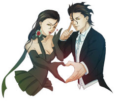Rule 34 | 1boy, 1girl, bad id, bad pixiv id, bare shoulders, black hair, blowing kiss, breasts, cleavage, dress, dual persona, elbow gloves, fate/stay night, fate/zero, fate (series), formal, genderswap, genderswap (mtf), gloves, green hair, heart, heart hands, heart hands duo, killedcat, diarmuid ua duibhne (lancer) (fate), long hair, one eye closed, strapless, strapless dress, suit, wink, yellow eyes