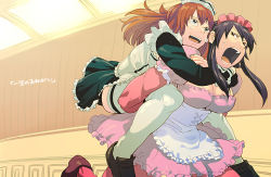 Rule 34 | 2girls, 81diver, alley, apron, black hair, blue eyes, breasts, brown eyes, carrying, large breasts, maid, maid apron, maid headdress, multiple girls, nakashizu soyo, open mouth, piggyback, red hair, rin (81diver), sweatdrop, t k g, tears, thighhighs