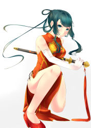 Rule 34 | 1girl, absurdres, aqua eyes, breasts, china dress, chinese clothes, drawing sword, dress, elbow gloves, fighting stance, gloves, green hair, highres, holding, holding sword, holding weapon, jian (weapon), legs, long hair, medium breasts, mori yashiro (konkon oyashiro), on one knee, original, parted lips, ready to draw, sheath, shoes, side slit, simple background, sleeveless, solo, sword, weapon, white background