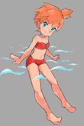 Rule 34 | 1girl, blue eyes, breasts, closed mouth, collarbone, creatures (company), full body, game freak, grey background, groin, gym leader, looking at viewer, midriff, misty (pokemon), navel, nintendo, nyonn24, orange hair, pokemon, pokemon lgpe, short hair, shorts, side ponytail, simple background, smile, solo, swimsuit, v-shaped eyebrows, water