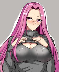 Rule 34 | 1girl, alternate costume, black shirt, black sweater, blush, breasts, cleavage, cleavage cutout, clothing cutout, embarrassed, fate/stay night, fate (series), female focus, glasses, grey background, hands on own chest, hifumi hajime, large breasts, long hair, medusa (fate), medusa (rider) (fate), meme attire, open-chest sweater, purple eyes, purple hair, ribbed sweater, shirt, simple background, solo, sweater, turtleneck, very long hair