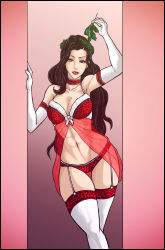 Rule 34 | 1girl, abs, alternate costume, animal print, arm support, arm up, armpits, asami sato, avatar: the last airbender, avatar legends, baby doll, babydoll, black hair, bow, bra, breasts, brown hair, choker, christmas, cleavage, come hither, crossed legs, dick hammersmith, doorway, elbow gloves, eyeshadow, female focus, garter straps, gloves, gradient background, green eyes, hair down, hair ornament, half-closed eyes, highres, holding, holly, large breasts, leaning, leopard print, lingerie, lips, lipstick, long hair, looking at viewer, makeup, mistletoe, muscular, navel, nickelodeon, panties, print panties, red bra, red lips, red panties, revealing clothes, see-through, skindentation, smile, solo, standing, the legend of korra, thigh gap, thighhighs, toned, underwear, underwear only, very long hair, wavy hair, white gloves, white thighhighs