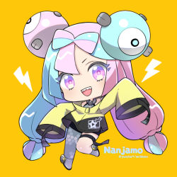 Rule 34 | 1girl, bow-shaped hair, character hair ornament, chibi, creatures (company), game freak, grey pantyhose, hair ornament, hexagon print, iono (pokemon), jacket, long hair, low-tied long hair, nintendo, oversized clothes, pantyhose, pokemon, pokemon sv, sharp teeth, single leg pantyhose, sleeves past fingers, sleeves past wrists, solo, star (symbol), star in eye, symbol in eye, teeth, very long sleeves, x, yellow jacket, yuncha