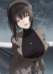 Rule 34 | 1girl, absurdres, arms behind back, bad id, bad pixiv id, black sweater, brown coat, brown eyes, cloud, cloudy sky, coat, grey sky, hat, head tilt, highres, jewelry, looking at viewer, mamima, medium hair, necklace, open mouth, original, rain, ribbed sweater, sky, sweater, turtleneck, turtleneck sweater