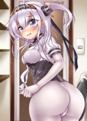 Rule 34 | 1girl, absurdres, ass, black ribbon, blue eyes, blurry, blurry background, blush, bodysuit, breasts, cameltoe, commentary request, depth of field, derivative work, fang, hair between eyes, hair ornament, hair ribbon, headband, highres, indoors, kantai collection, long hair, medium breasts, nose blush, one side up, oooqqq, open mouth, pantyhose, puffy short sleeves, puffy sleeves, ribbon, school uniform, serafuku, shirt, short sleeves, silver hair, solo, suzutsuki (kancolle), tears, underbust, white bodysuit, white shirt