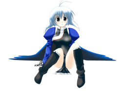 Rule 34 | 00s, 1girl, antenna hair, bad id, bad pixiv id, black wings, blue eyes, blush, boots, detached sleeves, fermelle, camyu, looking at viewer, parted lips, short hair, silver hair, simple background, sitting, solo, utawarerumono, white background, wings