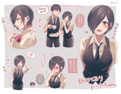 Rule 34 | 1boy, 1girl, :d, arms behind back, black necktie, black pants, black vest, blush, bow, bowtie, breasts, closed eyes, collared shirt, commentary request, cropped legs, cup, hair over one eye, hand to own mouth, hand up, heart, holding, holding cup, kaneki ken, kirishima touka, large breasts, looking at viewer, multiple views, nabe-box, necktie, open mouth, pants, red bow, red bowtie, shirt, short hair, short sleeves, smile, speech bubble, thought bubble, tokyo ghoul, tokyo ghoul:re, translation request, vest, whispering