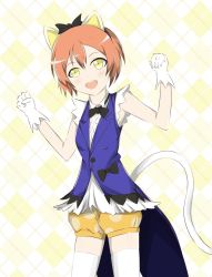 Rule 34 | 1girl, animal ears, artist name, artist request, bare shoulders, black bow, blue shirt, blush, bow, bowtie, breasts, cat ears, cat tail, clenched hands, collared shirt, earrings, fake animal ears, female focus, frilled shirt, frills, gloves, green eyes, hair between eyes, hair bow, heart, heart earrings, highres, hoshizora rin, jewelry, korekara no someday, looking at viewer, love live!, love live! school idol festival, love live! school idol project, orange hair, orange shorts, parted lips, polka dot, polka dot shorts, puffy shorts, ribbon, sarabiyo, shirt, short hair, shorts, sleeveless, small breasts, smile, solo, tail, white gloves, white legwear, yellow eyes