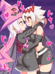 Rule 34 | 2girls, ass, bare shoulders, blush, breast press, breasts, cougar (cougar1404), detached sleeves, dragon: marked for death, dress, elbow gloves, empress (dmfd), fingerless gloves, from behind, gloves, gradient hair, hat, hug, large breasts, long hair, miniskirt, multicolored hair, multiple girls, open mouth, pink eyes, pink hair, red eyes, shiny clothes, shiny skin, short hair, sideboob, silver hair, skirt, strapless, tears, thighhighs, translation request, tube top, very long hair, witch (dmfd), yuri