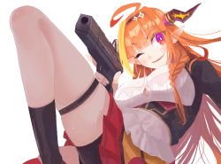 Rule 34 | 1girl, ahoge, bike shorts, black hairband, black jacket, blonde hair, blunt bangs, blush, bow, braid, breasts, button gap, buttons, commentary request, diagonal-striped bow, dragon girl, dragon horns, dragon wings, fangs, gun, hairband, handgun, highres, holding, holding gun, holding weapon, hololive, horn bow, horn ornament, horns, jacket, kanzaki momota, kiryu coco, kiryu coco (1st costume), large breasts, long hair, looking to the side, miniskirt, multicolored eyes, multicolored hair, one eye closed, orange hair, parted lips, pistol, pleated skirt, pointy ears, purple eyes, red eyes, red skirt, shirt, shorts, shorts under skirt, side braid, sidelocks, simple background, single braid, single thighhigh, skin fangs, skindentation, skirt, solo, streaked hair, striped, striped bow, thigh strap, thighhighs, thighs, trigger discipline, virtual youtuber, weapon, white background, white shirt, wings