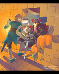 Rule 34 | 00s, 2boys, alternate costume, armor, between fingers, black eyes, black hair, blonde hair, boots, cake, candy, chair, copyright name, crepe, eating, eterno, flynn scifo, food, gloves, halloween, happy halloween, holding, horns, knee boots, lantern, letterboxed, lollipop, long hair, multiple boys, official alternate costume, pumpkin, sitting, swirl lollipop, tales of (series), tales of vesperia, tiered tray, yuri lowell