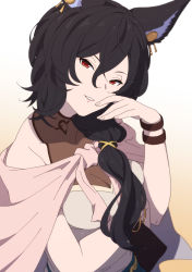Rule 34 | 1girl, animal ears, black hair, breasts, cleavage, gradient background, granblue fantasy, head tilt, holding, holding wallet, ilsa (granblue fantasy), lips, long hair, looking at viewer, low ponytail, medium breasts, mifuta, red eyes, shirt, sleeveless, sleeveless shirt, smile, solo, turtleneck, upper body, wallet, wristband