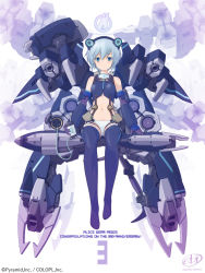 Rule 34 | 1girl, alice gear aegis, anniversary, artist name, blue eyes, blue hair, blue legwear, closed mouth, commentary request, company name, copyright name, drink, drinking straw, ebikawa kanetake, english text, holding, holding drink, mecha musume, navel, nina kalinina, official art, russian text, signature, solo, translated