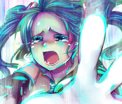 Rule 34 | 1girl, aqua hair, binary, collared shirt, colored eyelashes, crying, detached sleeves, digital dissolve, dissolving, floating hair, grey shirt, hair ornament, hashimochi, hatsune miku, hatsune miku no shoushitsu (vocaloid), long hair, necktie, open mouth, outstretched arms, palms, reaching, shirt, solo, tears, twintails, upper body, vocaloid
