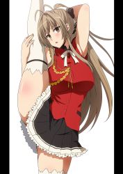 Rule 34 | 1girl, aiguillette, amagi brilliant park, antenna hair, armpits, blush, breasts, brown eyes, brown hair, hair intakes, hara (harayutaka), highres, large breasts, long hair, looking at viewer, ponytail, sento isuzu, simple background, split, standing, standing on one leg, standing split, thighhighs, white background