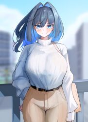 Rule 34 | 1girl, absurdres, arm at side, bag, belt, black hair, blue eyes, blue hair, blurry, blurry background, blush, breasts, brown pants, city, colored inner hair, commentary, cowboy shot, depth of field, grin, hair intakes, hand on own hip, handbag, hell.k, highres, hololive, hololive english, korean commentary, large breasts, long hair, long sleeves, looking at viewer, multicolored hair, ouro kronii, outdoors, pants, ribbed sweater, smile, solo, sweater, turtleneck, turtleneck sweater, virtual youtuber, white sweater