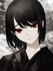 Rule 34 | 1girl, black hair, black kimono, blurry, blurry background, branch, chinikuniku, closed mouth, day, floral print, grey sky, hair between eyes, japanese clothes, kimono, looking at viewer, original, outdoors, pale skin, red eyes, short hair, sky, smile, snow, solo, tree