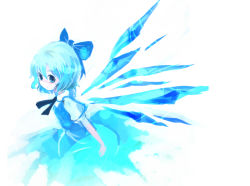 Rule 34 | 1girl, blue bow, blue dress, blue eyes, blue hair, blue ribbon, blue theme, blue wings, blush, bow, cirno, cis (carcharias), dress, female focus, hair bow, ice, ice wings, matching hair/eyes, neck ribbon, puffy short sleeves, puffy sleeves, ribbon, shirt, short hair, short sleeves, simple background, solo, tareme, touhou, upper body, white background, wings