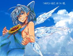 Rule 34 | blue dress, blue eyes, blue hair, bow, cirno, cloud, copyright name, day, dress, flower, hair bow, hidden star in four seasons, ice, ice wings, koyubi (littlefinger1988), no bra, pointy ears, ribbon, short hair, smile, solo, sunflower, tanned cirno, touhou, wings