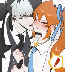 ! 1boy 1girl ace_attorney athena_cykes biting biting_cheek black_hair black_necktie blue_necktie blue_ribbon blush closed_eyes collared_shirt ear_blush grey_hair hair_between_eyes hair_ribbon hetero jewelry long_hair multicolored_hair necklace necktie orange_hair phoenix_wright:_ace_attorney_-_dual_destinies pulling_another&#039;s_clothes ribbon salted_whale shirt side_ponytail simon_blackquill spoken_exclamation_mark tears upper_body white_shirt