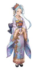 Rule 34 | 10s, 1girl, blue eyes, blue hair, detached sleeves, floral print, full body, granblue fantasy, hair bun, hair ornament, japanese clothes, kimono, lyria (granblue fantasy), matching hair/eyes, minaba hideo, obi, own hands together, sandals, sash, simple background, single hair bun, solo, standing, tabi, white background, wide sleeves
