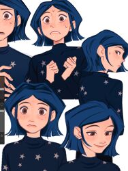 Rule 34 | 1girl, absurdres, blue hair, blue sweater, brown eyes, character sheet, commentary, coraline, english commentary, freckles, from behind, highres, kitt arts, looking at viewer, looking to the side, multiple views, parted lips, short hair, star (symbol), star print, sweat, sweater, upper body, white background