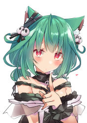 Rule 34 | 1girl, ahoge, animal ears, black dress, black neckwear, black wrist cuffs, blush, cat ears, dress, green hair, hand up, heart, highres, hololive, looking at viewer, off-shoulder dress, off shoulder, red eyes, shirogane (platinum), short hair, short twintails, simple background, solo, twintails, upper body, uruha rushia, uruha rushia (3rd costume), virtual youtuber, white background, wrist cuffs