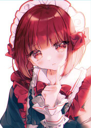 Rule 34 | 1girl, apron, arima kana, blush, bow, bowtie, chromatic aberration, closed mouth, commentary, dress, eyelashes, finger to own chin, frilled dress, frilled sleeves, frills, highres, long sleeves, maid, maid apron, maid headdress, oshi no ko, red bow, red bowtie, red eyes, red hair, ruki kurage, short hair, simple background, solo, twitter username, white background
