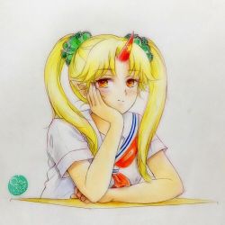 Rule 34 | 1girl, artist logo, blonde hair, closed mouth, colored pencil (medium), commentary, contemporary, elbow rest, frown, green scrunchie, hair ornament, hair scrunchie, head rest, horns, hoshiguma yuugi, looking at viewer, medium hair, neckerchief, oni, parted bangs, pointy ears, q-bee (aaru), red eyes, red neckerchief, school uniform, scrunchie, serafuku, shirt, short sleeves, single horn, sitting, solo, texture, touhou, traditional media, twintails, white shirt