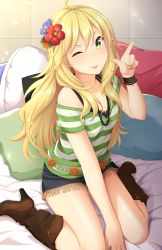 Rule 34 | 1girl, absurdres, ahoge, bare shoulders, bed, belt, between legs, blonde hair, blush, boots, bra strap, denim, denim shorts, earrings, finger gun, flower, food-themed pillow, green eyes, green nails, hair flower, hair ornament, hand between legs, high heel boots, high heels, highres, hoshii miki, idolmaster, idolmaster (classic), jewelry, lace, leather, leather boots, long hair, nail polish, necklace, on bed, one eye closed, pillow, short shorts, shorts, sitting, solo, star (symbol), star earrings, tile wall, tiles, tiri, tongue, tongue out, wariza
