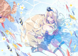 Rule 34 | 1girl, blonde hair, blue eyes, braid, chain, commentary request, crown, dress, fish, french braid, garter straps, kantai collection, long hair, looking to the side, mini crown, nacht (nacht 01), off-shoulder dress, off shoulder, sea turtle, sitting, solo, turtle, twitter username, wariza, warspite (kancolle), white dress
