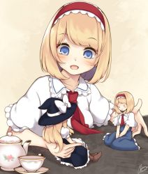 Rule 34 | 1girl, :d, alice margatroid, apron, bad id, bad twitter id, black dress, blonde hair, blue dress, blue eyes, blush, boots, capelet, character doll, commentary request, doll, dress, hairband, happy, hat, hat ribbon, highres, holding, holding doll, kirisame marisa, lolita hairband, long hair, maremay0513, medium hair, open mouth, red neckwear, ribbon, smile, solo, teapot, touhou, upper body, waist apron, white capelet, white ribbon, witch, witch hat