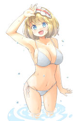 Rule 34 | 1girl, alice margatroid, arnest, bare arms, bare legs, bare shoulders, bikini, blonde hair, blue bikini, blue eyes, blush, breasts, cleavage, collarbone, groin, hair between eyes, hairband, highres, large breasts, lolita hairband, navel, open mouth, red hairband, short hair, side-tie bikini bottom, simple background, smile, solo, swimsuit, touhou, water drop, white background