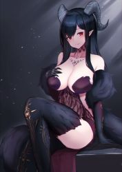 Rule 34 | 1girl, absurdres, arm support, black hair, blush, breasts, character request, cleavage, collarbone, elbow gloves, feather boa, gloves, hand on own chest, highres, horns, knee up, long hair, looking at viewer, mole, mole under eye, monster hunter, monster hunter: world, monster hunter (series), personification, red eyes, sidelocks, sitting, smile, solo, suzuya (maru), thighhighs, thighs