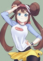 Rule 34 | 1girl, arm up, black pantyhose, blue eyes, blush, bow, bright pupils, brown hair, closed mouth, commentary request, creatures (company), double bun, game freak, green background, hair bun, hand on own hip, highres, long hair, myuuu ay, nintendo, pantyhose, pantyhose under shorts, pink bow, pokemon, pokemon bw2, raglan sleeves, rosa (pokemon), short shorts, shorts, simple background, smile, solo, twintails, visor cap, white pupils, yellow shorts