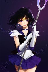 Rule 34 | 1girl, aegyo, bad id, bad twitter id, bishoujo senshi sailor moon, black bow, black hair, bob cut, bow, brooch, choker, circlet, cowboy shot, crystal, earrings, elbow gloves, eyelashes, gloves, highres, holding, holding polearm, holding spear, holding weapon, jewelry, looking at viewer, parted lips, pleated skirt, polearm, purple eyes, red lips, sailor saturn, scythe, short hair, silence glaive, skirt, smile, solo, spear, star brooch, tomoe hotaru, weapon, white gloves