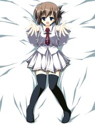 Rule 34 | 1girl, :d, absurdres, asagi nanami, bed sheet, black thighhighs, blue eyes, blush, brown hair, capelet, commentary request, cross print, dakimakura (medium), eyelashes, fang, folded ponytail, foreshortening, frilled skirt, frills, full body, hair between eyes, happy, highres, knees together feet apart, legs, looking at viewer, lying, medium hair, miniskirt, necktie, no shoes, on back, open hands, open mouth, outstretched arms, pleated skirt, reaching, reaching towards viewer, red necktie, school uniform, shirt, skin fang, skirt, smile, solo, straight-on, subarashiki hibi, tachibana kimika, thighhighs, white capelet, white shirt, white skirt, zettai ryouiki